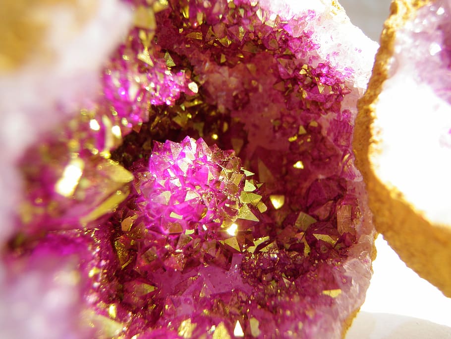 pink and gold geode in close-up photography, crystal, amethyst