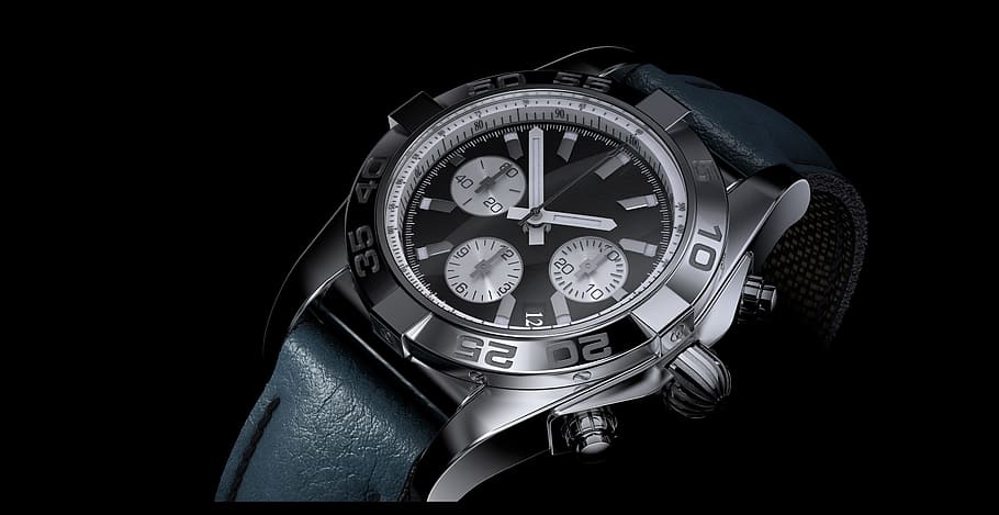 closeup photo of round silver-colored chronograph watch with black leather band HD wallpaper