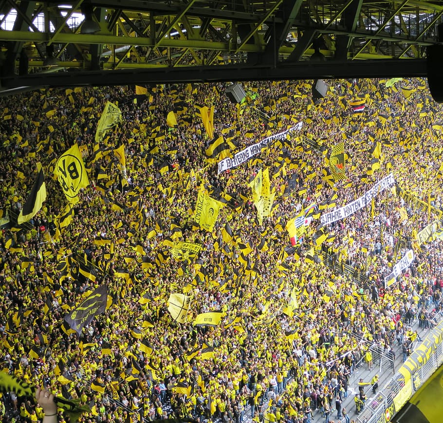 football fans, football stadium, grandstand, viewers, yellow wall, HD wallpaper