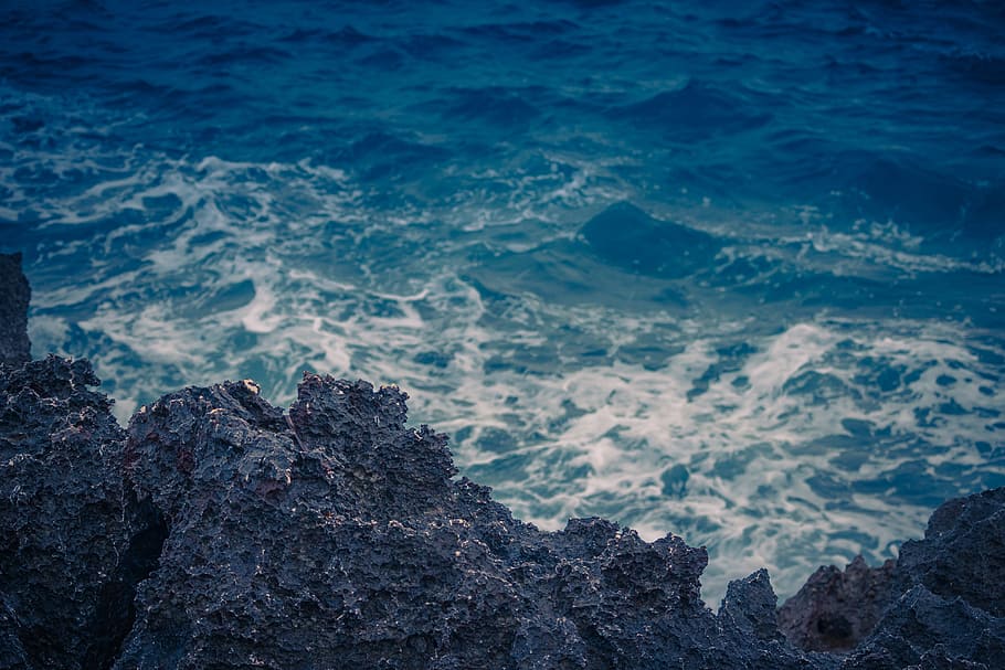 sea, coast, waves, lava, stones, rocks, spain, mallorca, water HD wallpaper
