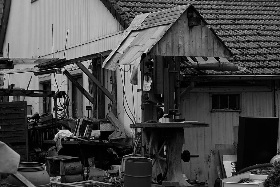 wooden house grayscale photography, ruin, garbage, break up HD wallpaper