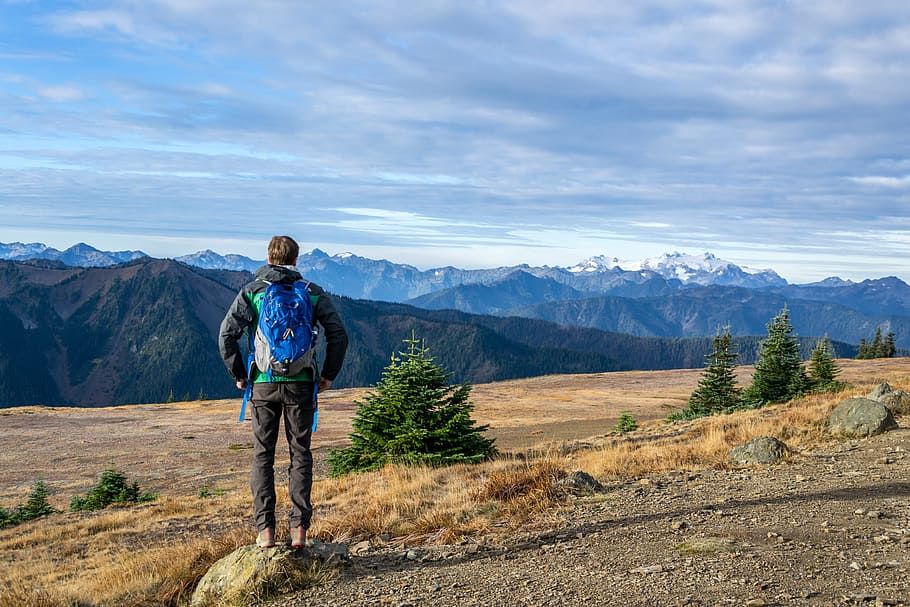man standing on open field, guy, hiking, trekking, adventure HD wallpaper