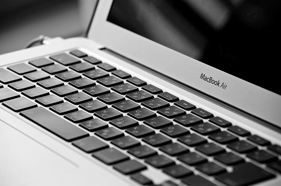 MacBook Air with black screen, computer, keyboard, work, computer keyboard HD wallpaper
