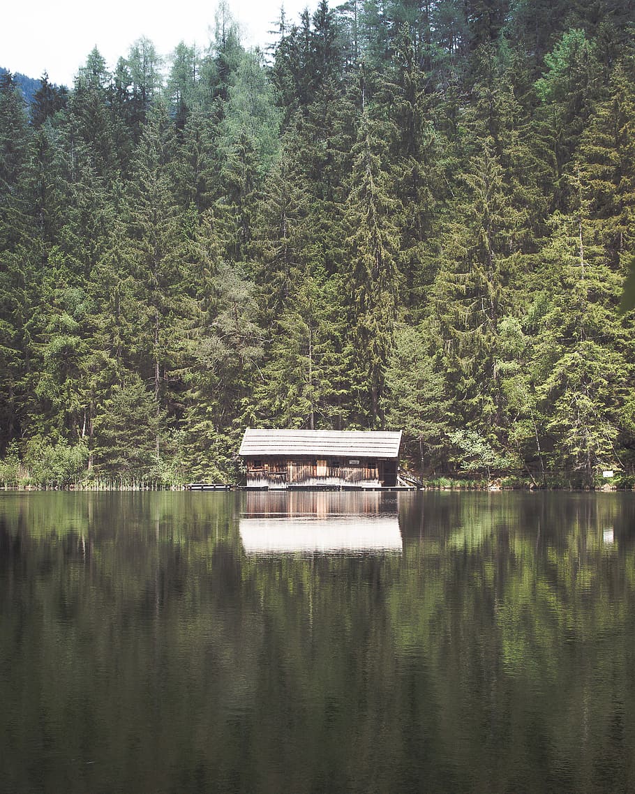 landscape photography of shed near body of water and trees, brown house beside lake and trees HD wallpaper