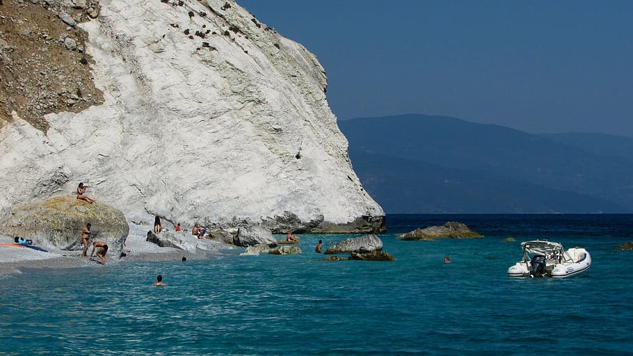 greece, skiathos, island, beach, rock, white, sporades, mediterranean HD wallpaper