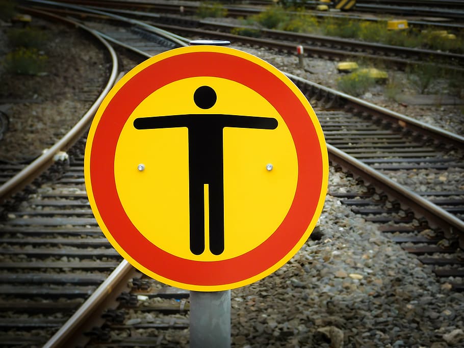 yellow and red metal train signage at daytime, stop, shield, warning, HD wallpaper