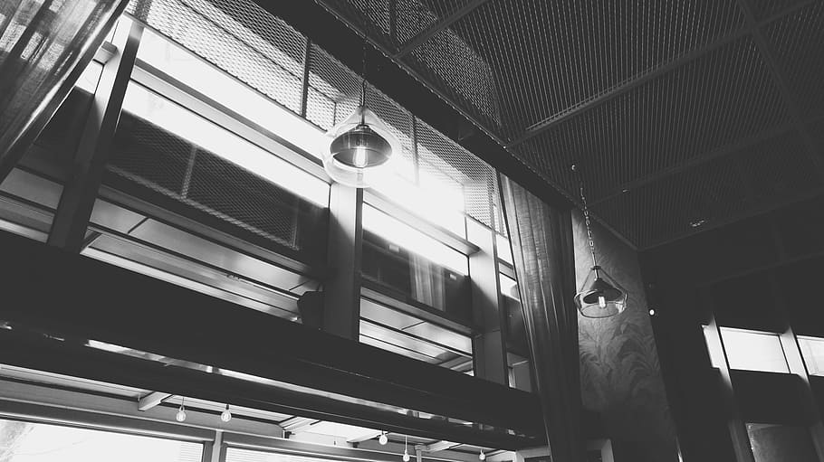 grayscale photography of building interior, shop, restaurant HD wallpaper