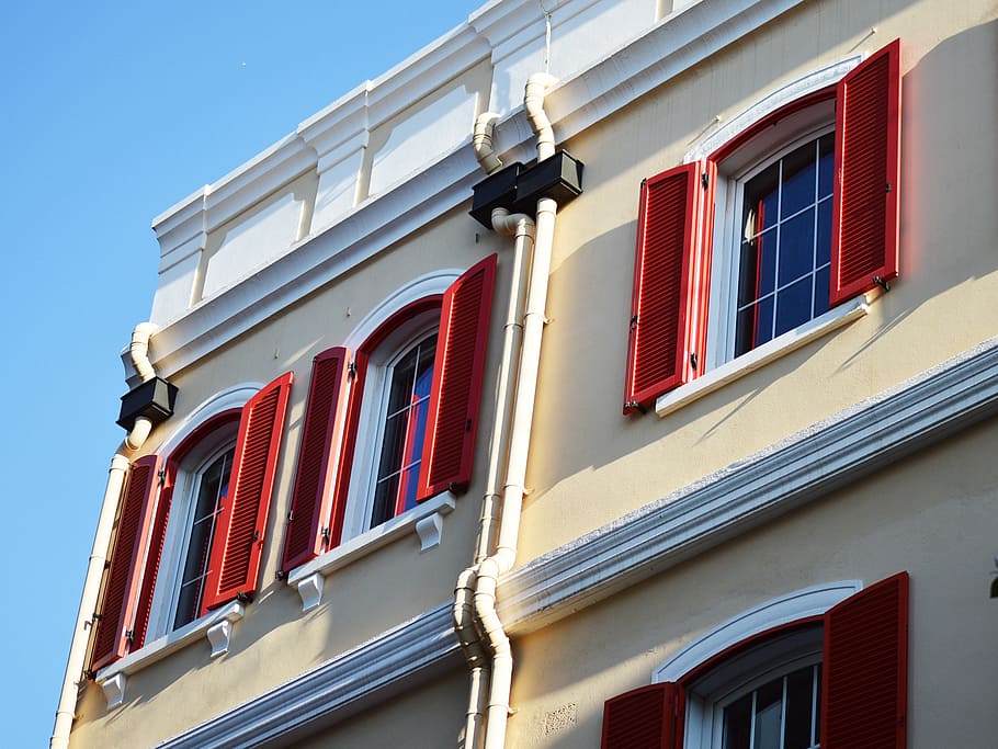 red, shutters, windows, building, architecture, exterior, residential HD wallpaper