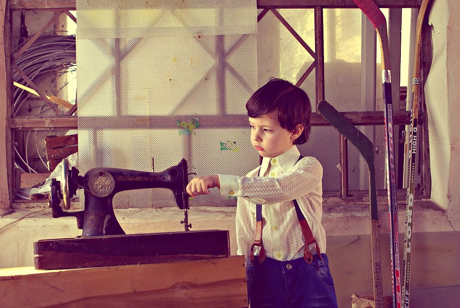 rustic, boy, sewing machine, barn, rural landscape, european boy HD wallpaper