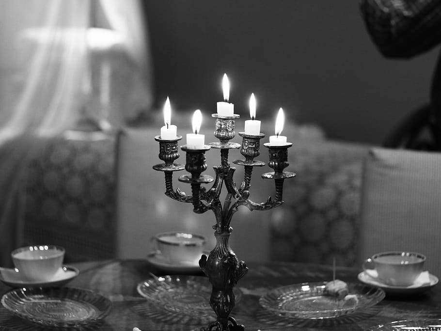 candles, bw, candlestick, burning candles, flame, fire, indoors HD wallpaper
