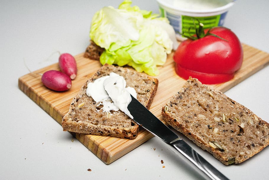 bread with spread and fruit slices, sandwich, making, tomato HD wallpaper