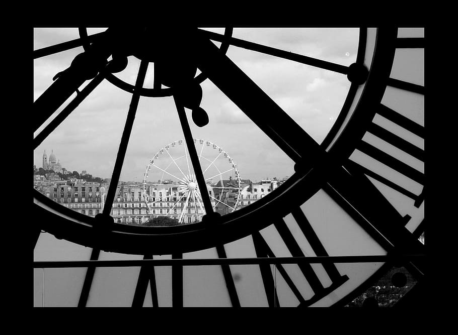 black and gray photo of ferriswheel, paris, clock, sacre, architecture HD wallpaper