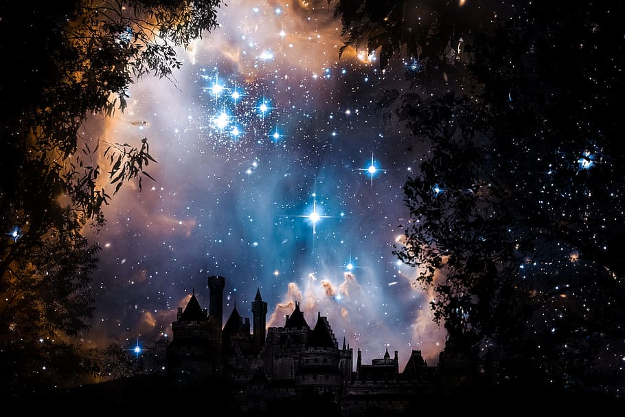 castle under the sky, night, star, rally, trees, landscape HD wallpaper