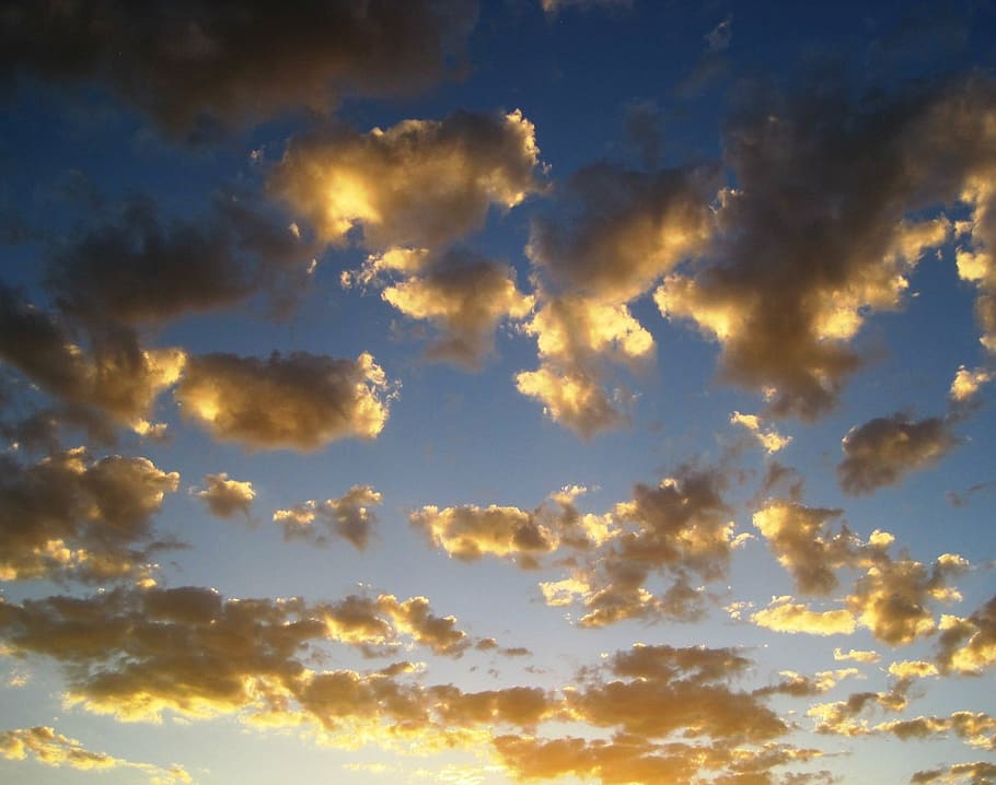 clouds, loose, scattered, gold, shiny, bright, sunset, sky, HD wallpaper