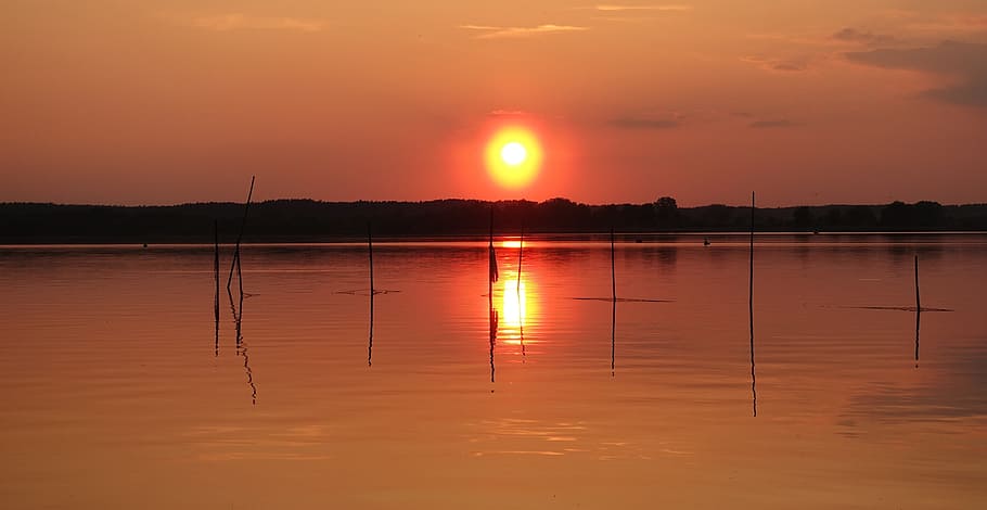 sunset, neustrelitz, abendstimmung, water, sky, reflection HD wallpaper