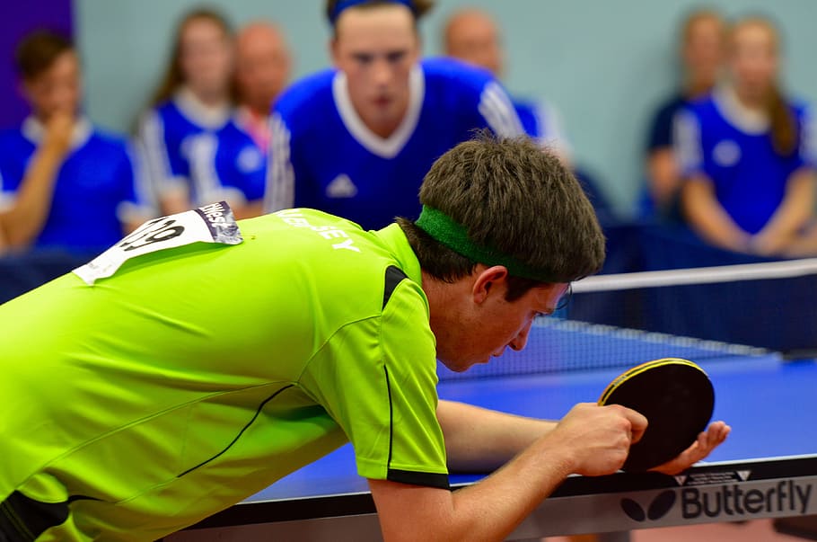 table tennis player leaning on table, ping pong, sport, game