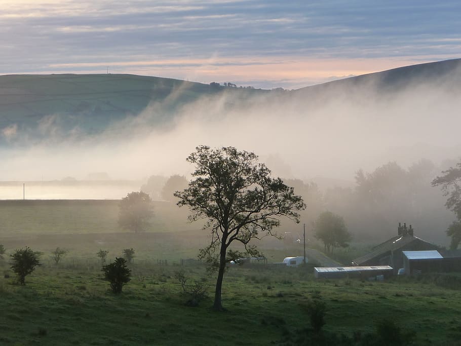 england, landscape, mountains, sky, clouds, trees, fog, nature HD wallpaper
