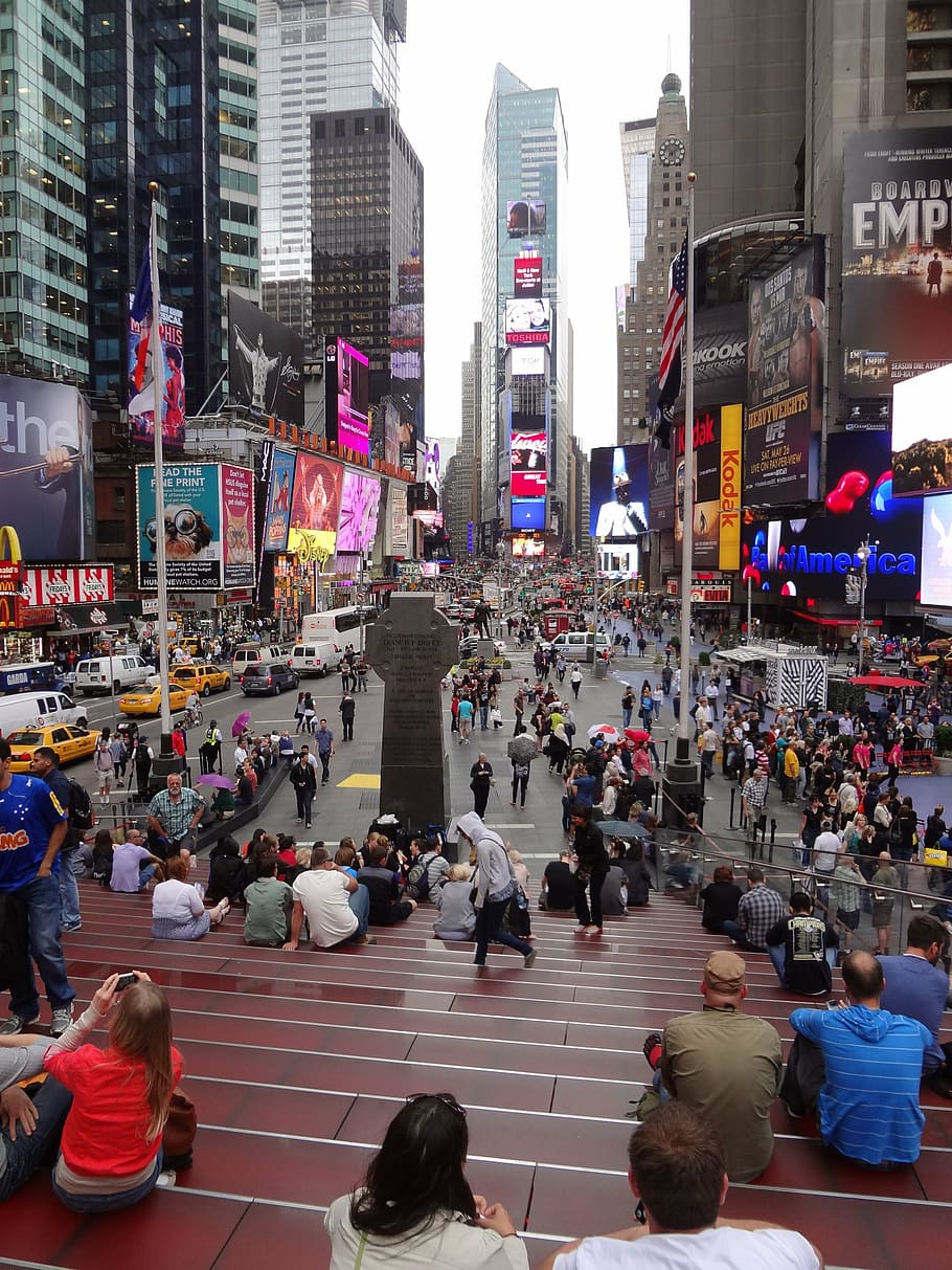 times square, new york, 5th avenue, broadway, group of people, HD wallpaper