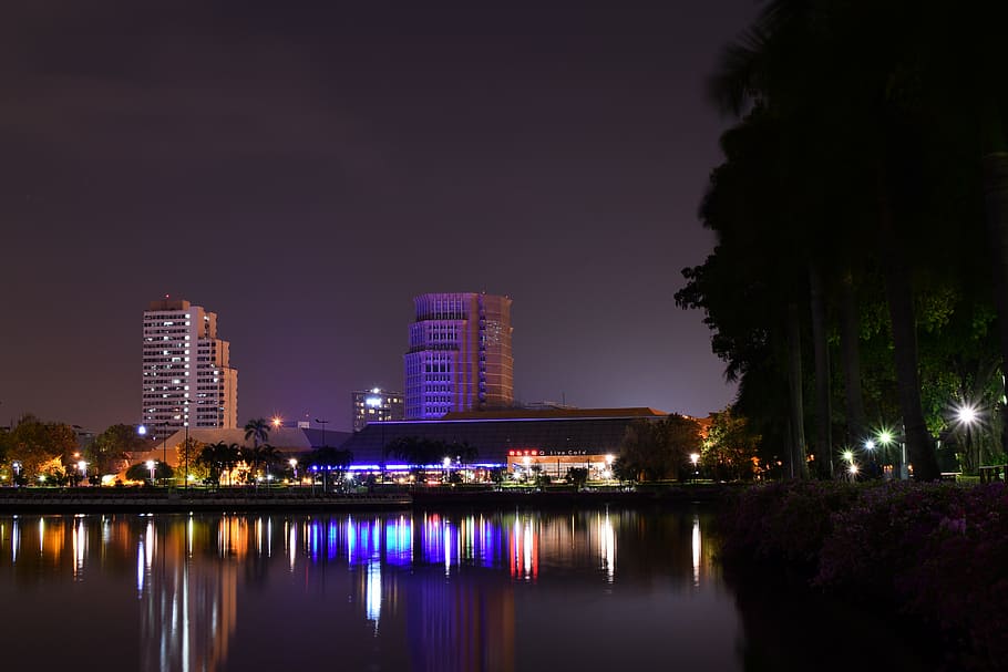 reflection, building, city, water, the night, sky, the darkness HD wallpaper