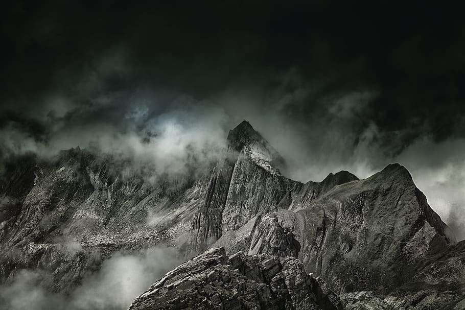 grayscale photo of rock formation, säntis, switzerland, swiss alps