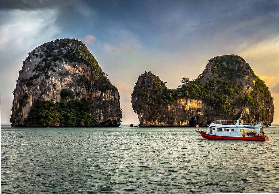 thailand, krabi, mountains, ship, travel, sky, nature, island, HD wallpaper