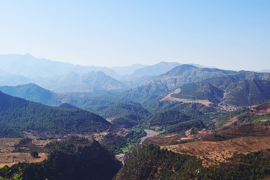 green and brown mountains under blue and white sky at daytime, bird's eye view of mountains HD wallpaper