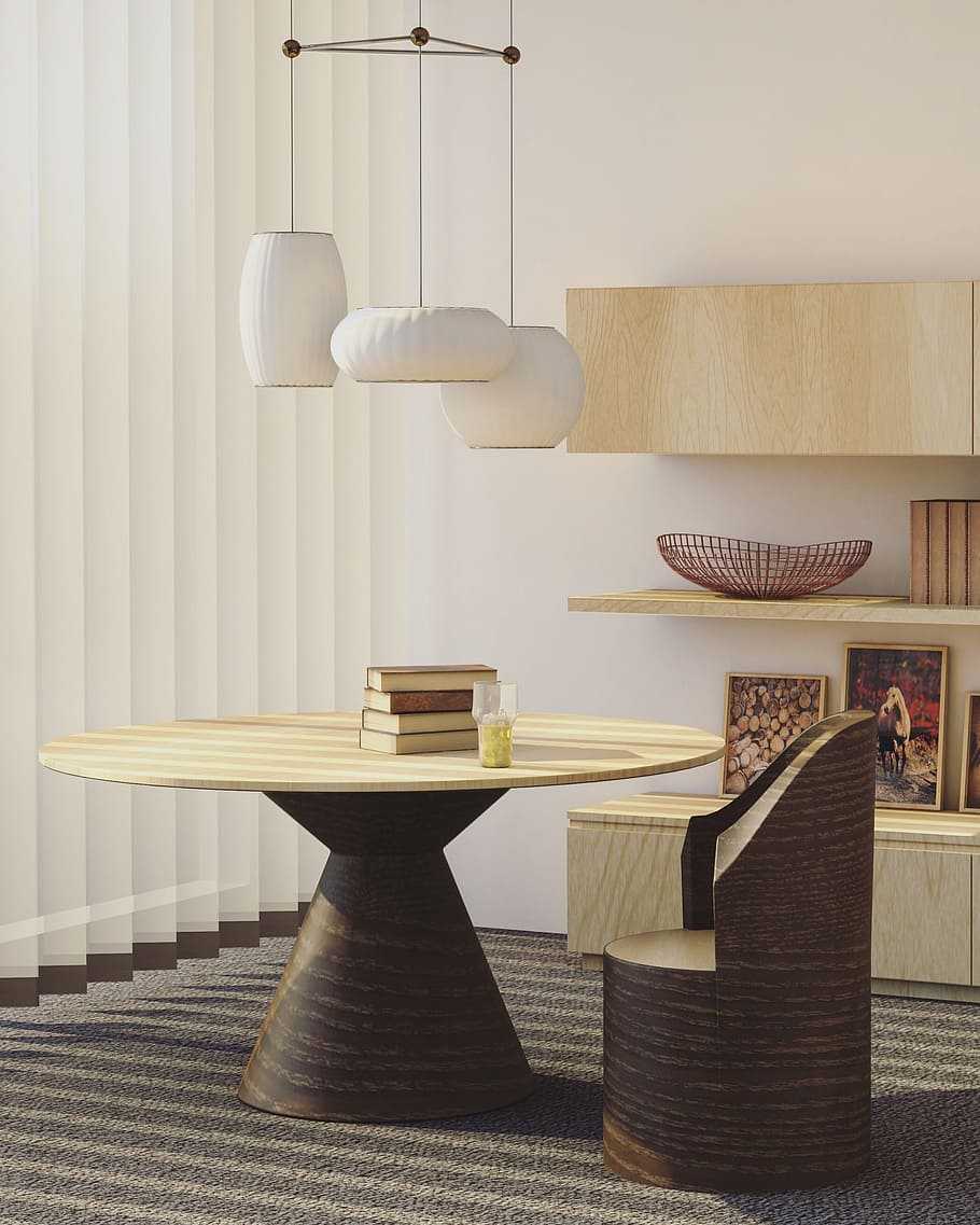 round beige wooden table with chair under white pendant lamp HD wallpaper