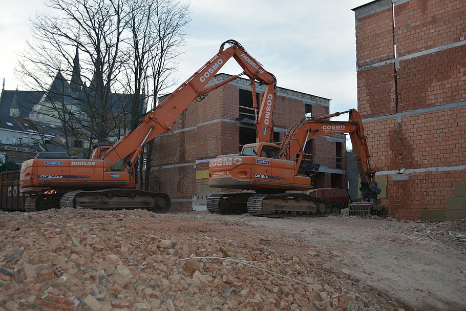 structures, excavators, wall, gravel, orange, building exterior HD wallpaper
