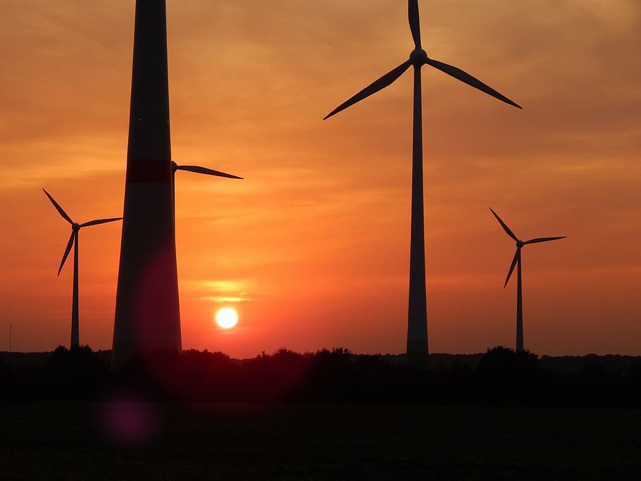 wind park, windräder, sunset, romance, wind energy, sky, nature HD wallpaper