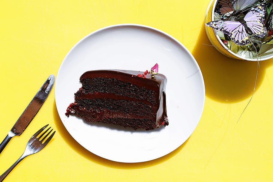 fork, bread, knife, plate, chocolate, cake, food, desserts HD wallpaper