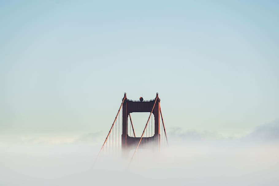 red metal bridge surrounded by clouds, architecture, infrastructure HD wallpaper