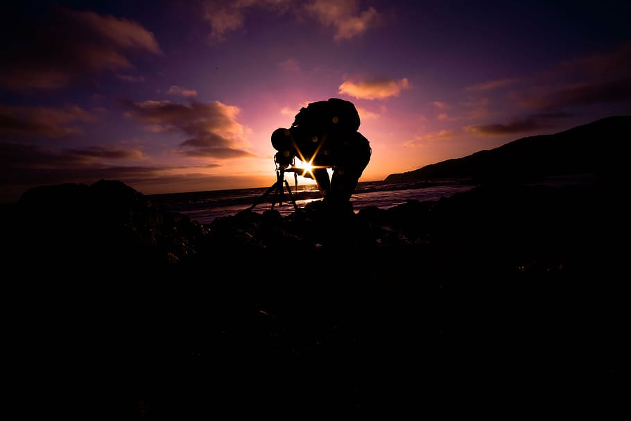 beach, dawn, dusk, man, outdoors, photographer, sea, silhouette HD wallpaper