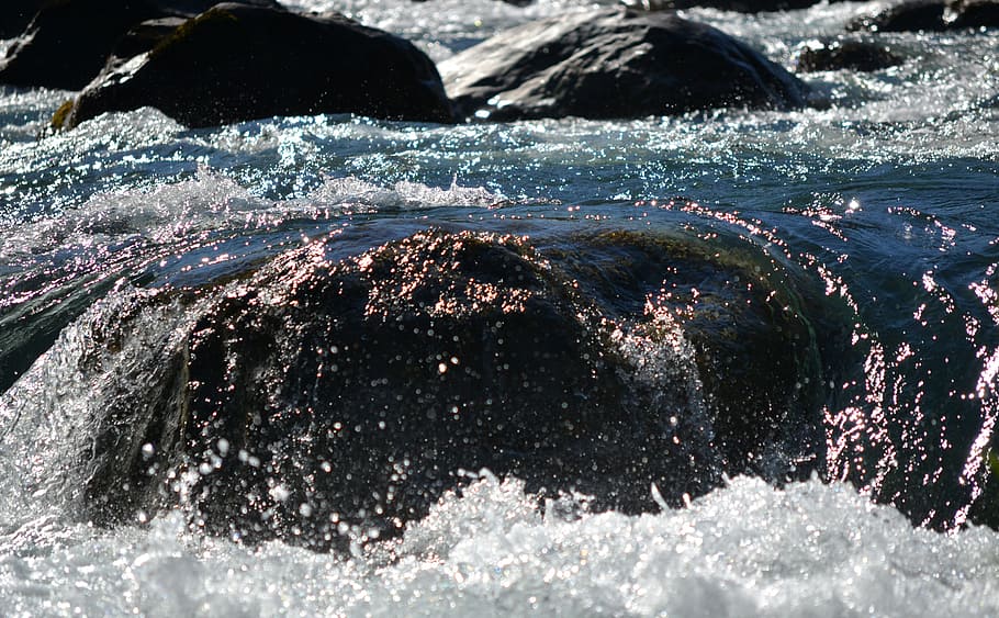 river, water, sunset, blue, pink, rapids, nature, sea, motion HD wallpaper