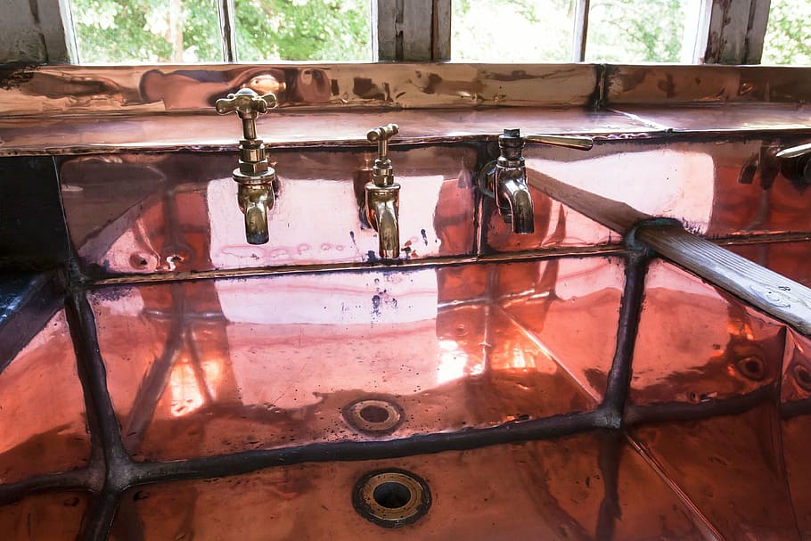 bathroom sink, faucet, copper, kitchen, old, antique, nostalgia HD wallpaper