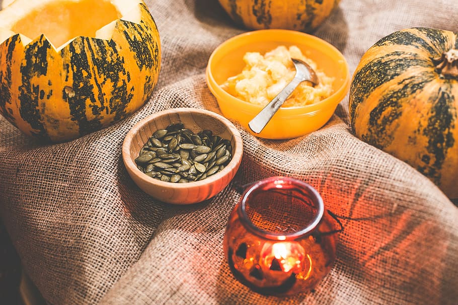 Preparing and Carving Halloween Pumpkins, autumn, candle holder, HD wallpaper