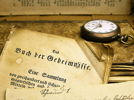 paper near pocket watch on table, book, old, read, historically HD wallpaper