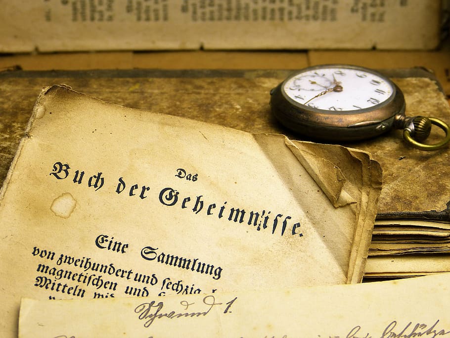paper near pocket watch on table, book, old, read, historically HD wallpaper