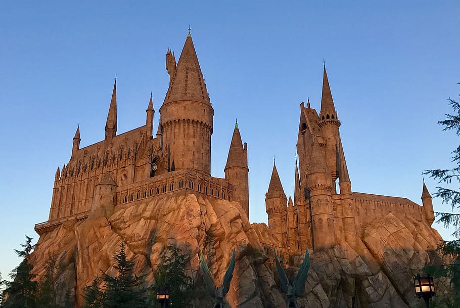 brown castle under blue sky, low-angle photography of castle during blue hour HD wallpaper