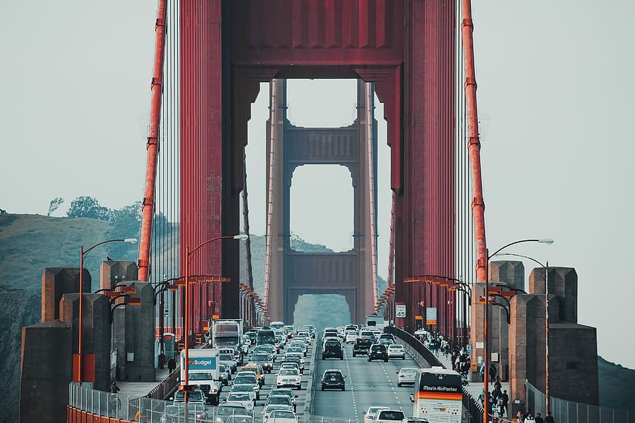 vehicles crossing Golden Gate Bridge at daytime, closeup photography of Golden Gate Bridge, New York, HD wallpaper