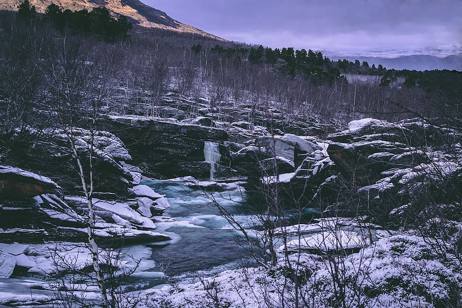 photography of white and black mountain, frozen river, winter HD wallpaper