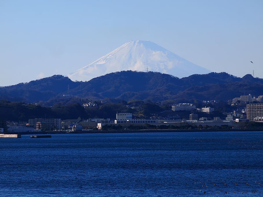fuji, mabori kaigan, sea, mountain, tokyo bay, kanagawa japan, HD wallpaper