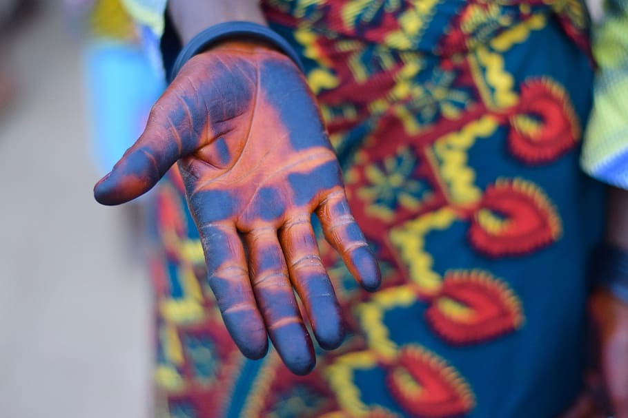 person's blue hand paint, selective focus photography of right human palm with blue paint, HD wallpaper