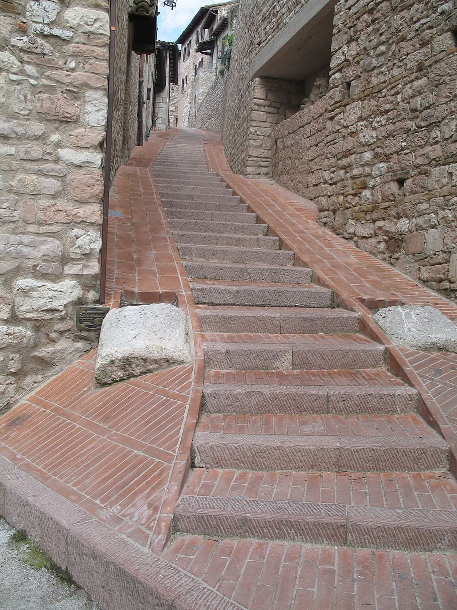 stairs, italy, assisi, architecture, town, europe, italian HD wallpaper