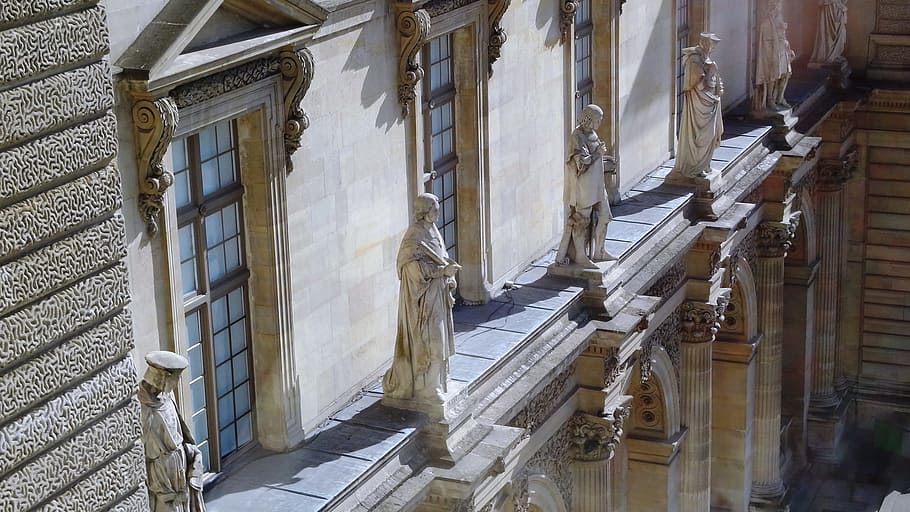 louvre, paris, sculptures, architecture, built structure, building exterior HD wallpaper
