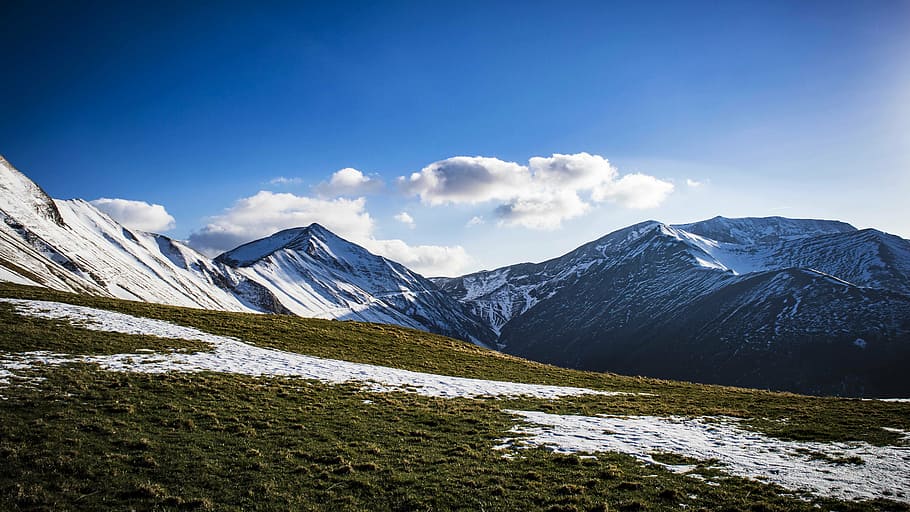 adventure, blue, climb, clouds, cold, daylight, glacier, grass field HD wallpaper