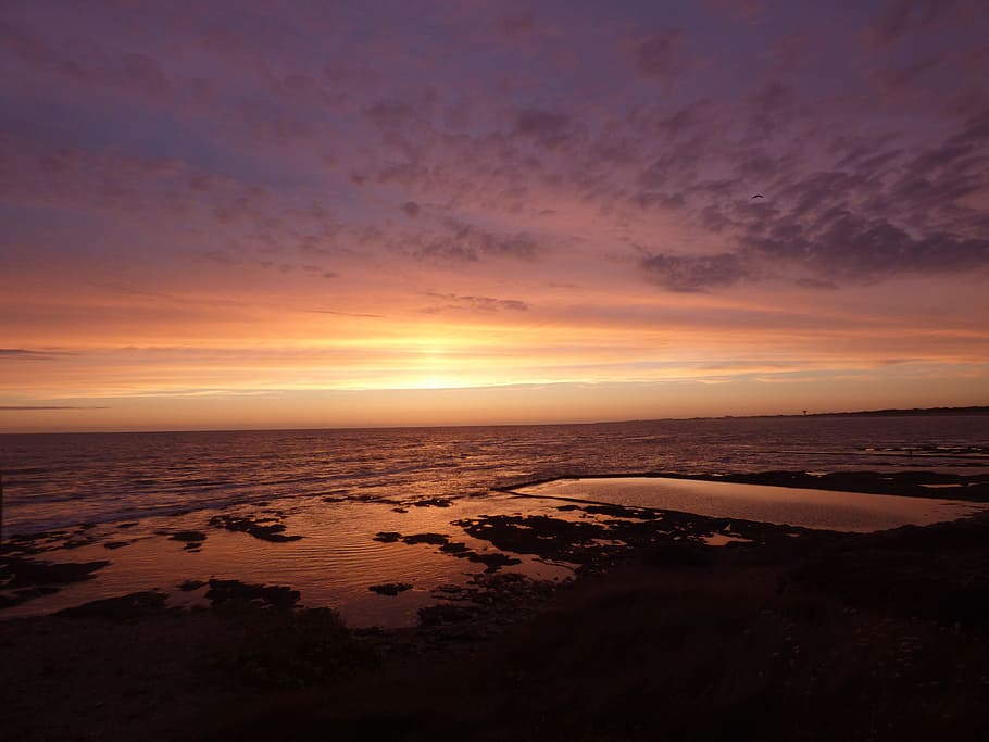 sunset, ocean, beach, sea, rock, sand, nature sunset, france HD wallpaper