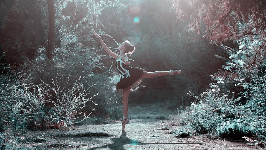 woman in black and white dress dancing in forest during daylight HD wallpaper