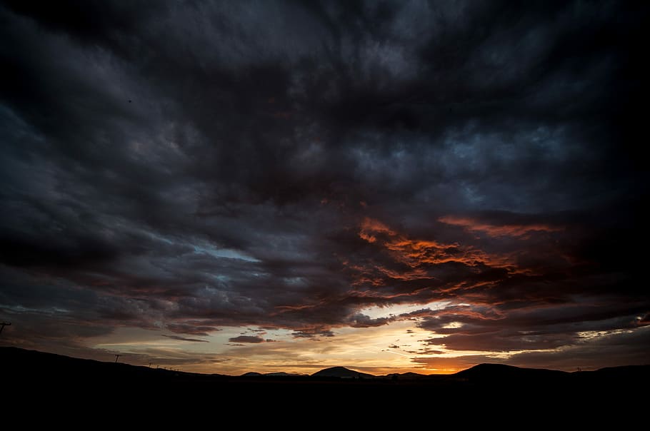 silhouette of mountains under cloudy sky, silhouette of mountains under white and grey cloudy sky HD wallpaper