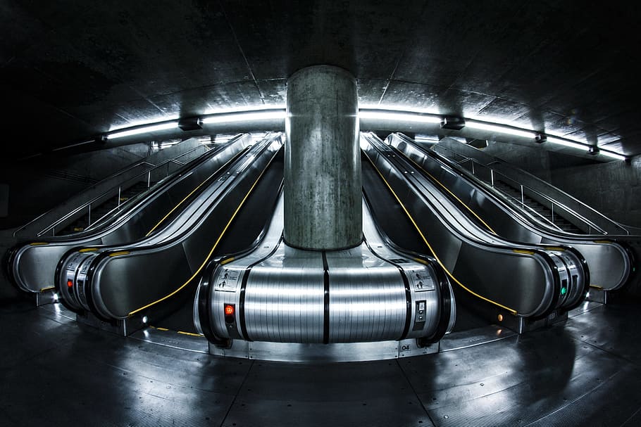 lights, dark, escalator, pillar, column, transportation, silver colored HD wallpaper