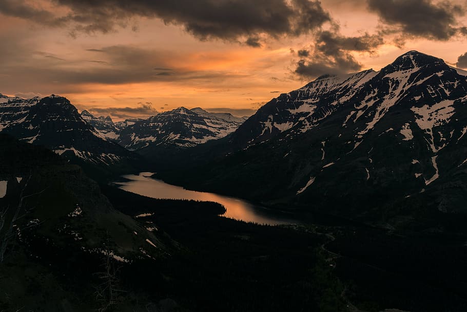 golden hour photography of snowy mountains, alpine, view, lake HD wallpaper